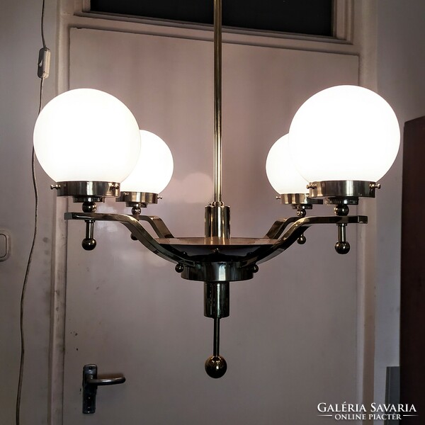 Art deco - streamlined 4-burner copper chandelier renovated - milk glass spherical shades - lampart
