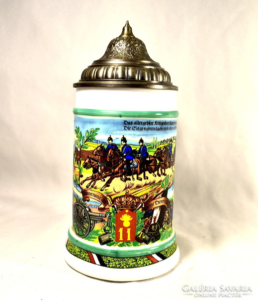 German milk glass tin jug with war - military motif