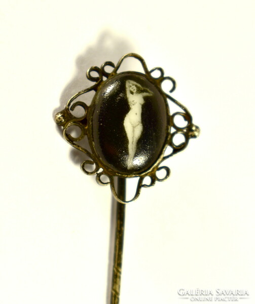 Silver hat pin with fire enamel insert with nude pattern!