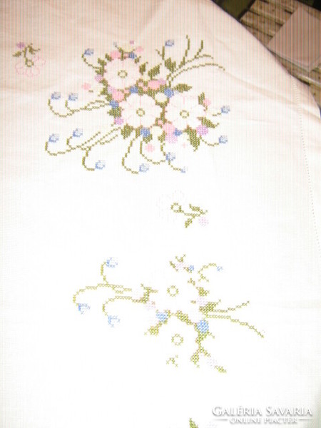 Beautiful vintage rosy elegant beige machine embroidered tablecloth