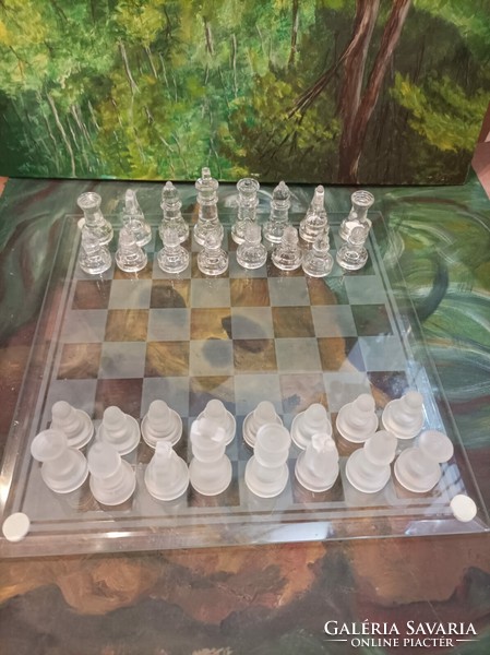 Chess set made of glass, old, flawless, size 35 x 35 cm.