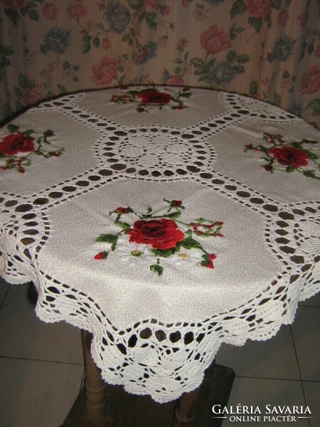 Dreamy antique handmade crochet embroidered tablecloth