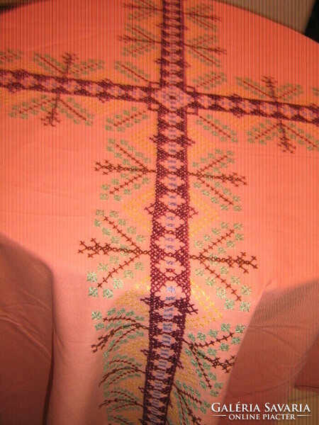 Beautiful hand embroidered cross stitch elegant peach on pink woven tablecloth