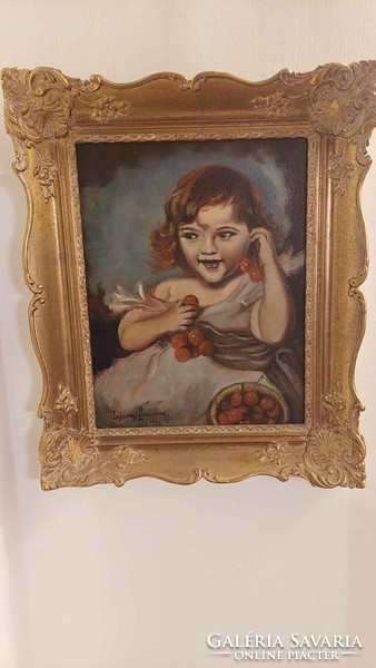 Little girl picking cherries oil wood in a beautiful blonde frame