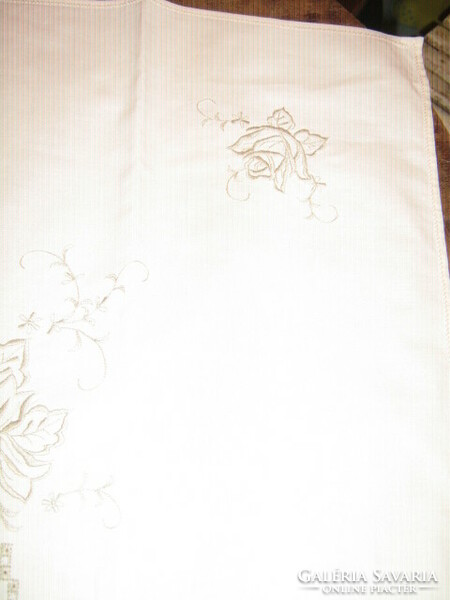 Beautiful vintage rosy elegant beige machine embroidered tablecloth