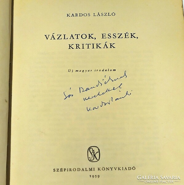 Kardos László:  Vázlatok, esszék, kritikák (Magvető Könyvkiadó, 1959) DEDIKÁLT(49b)