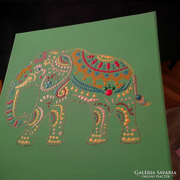 ÚJ! Elefánt kép, kézzel festett, 30x30cm, pontozásos technikával készült feszített vászonra