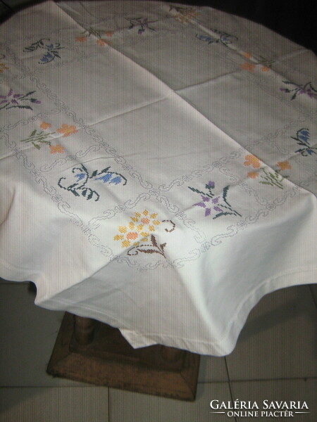 Beautiful vintage tiny cross stitch spring floral tablecloth