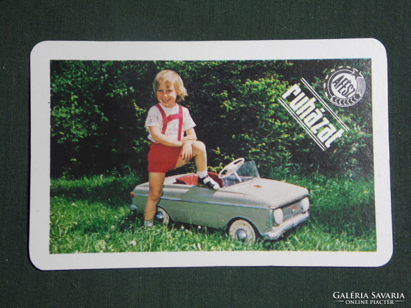 Kártyanaptár,ÁFÉSZ,ruházat,kisgyerek,pedálos Moszkvics autó, 1980