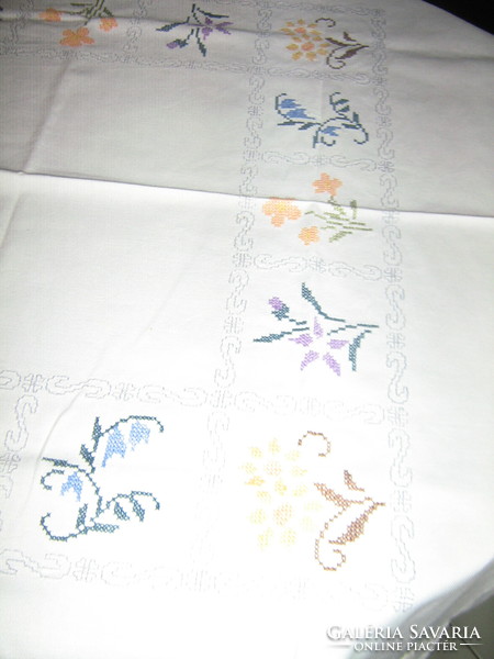 Beautiful vintage tiny cross stitch spring floral tablecloth
