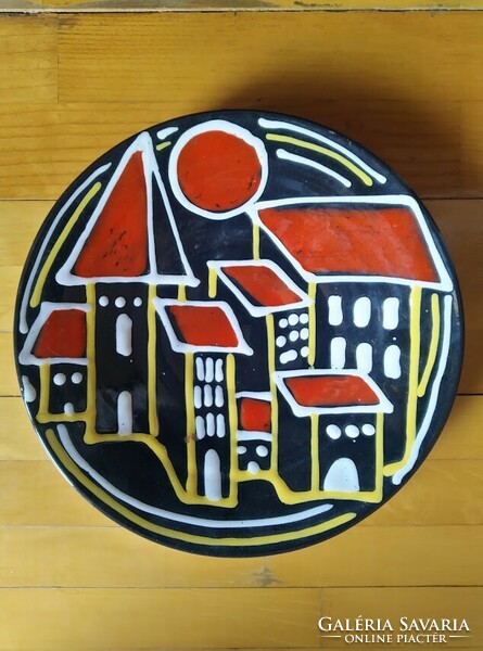 Retro ceramic bowl with houses