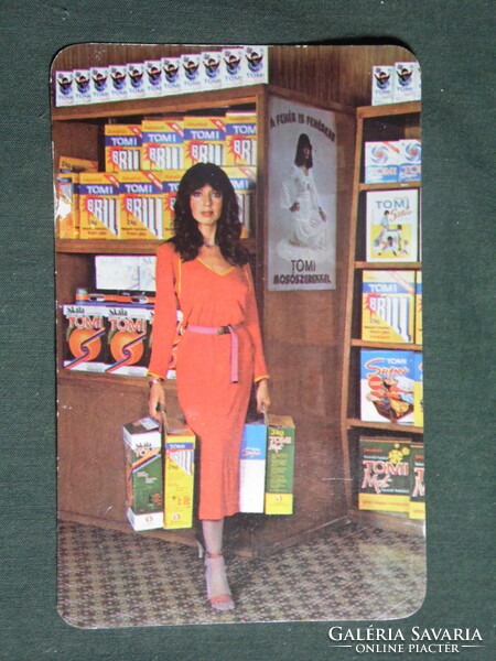Card calendar, Tomi washing powder, Tiszament chemical works, Szolnok, erotic female model, 1981