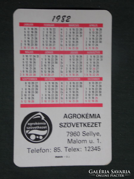 Kártyanaptár, Agrokémia szövetkezet, Sellye, nővényvédőszer,1982