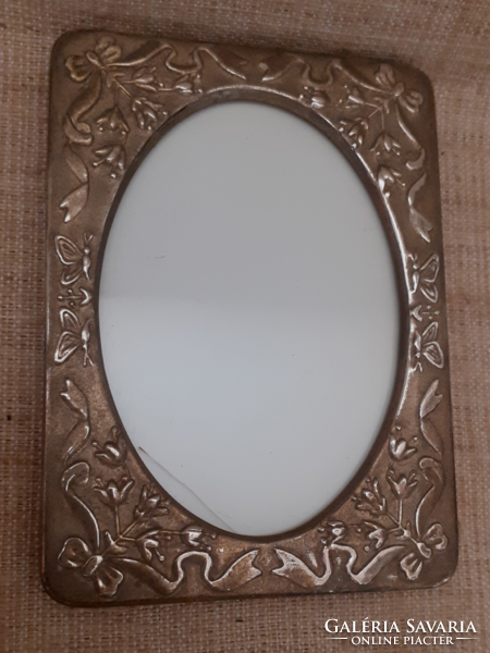Old rectangular decorative metal table picture frame with embossed cut pattern with glass inside