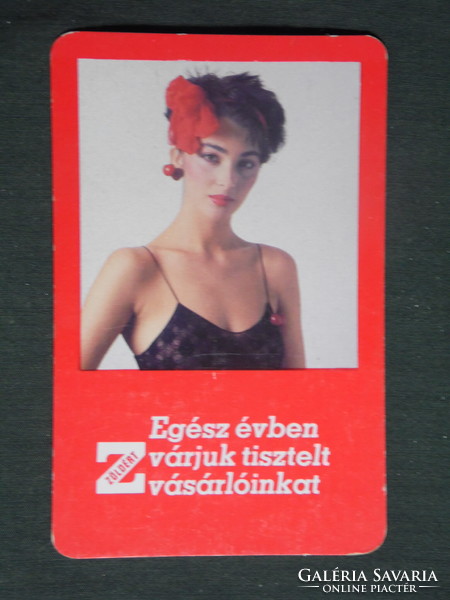 Kártyanaptár, Zöldért vállalat, erotikus női modell, 1986