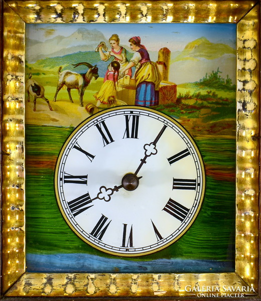 XX. No. Antique wall clock with 2 heavy wooden cases with a romantic scene