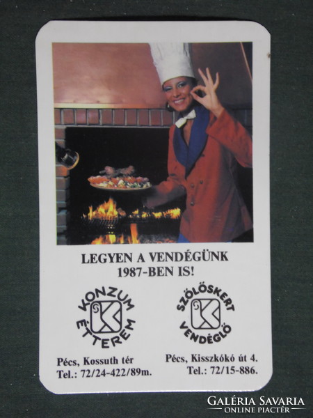 Kártyanaptár, Konzum étterem, Szőlős vendéglő Pécs, női modell, 1987