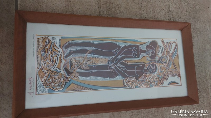 (K) rare linocut by János Józsa with a 45x23 cm frame. Ady illustration, contemporary frame.