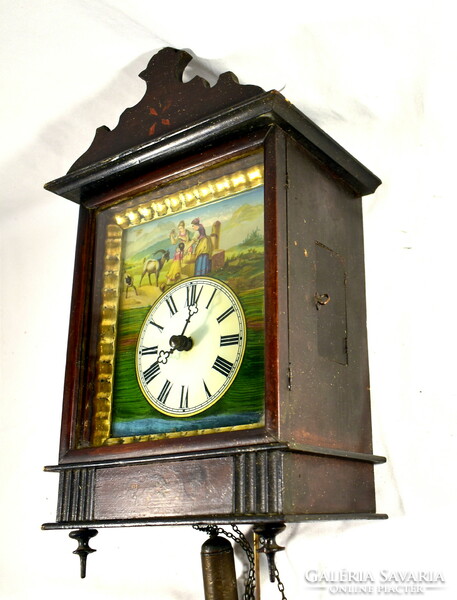 XX. No. Antique wall clock with 2 heavy wooden cases with a romantic scene