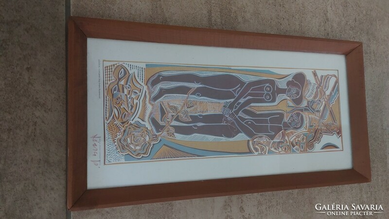 (K) rare linocut by János Józsa with a 45x23 cm frame. Ady illustration, contemporary frame.