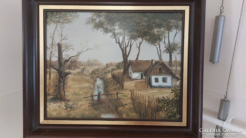 ((K) Bujdosó Lajos tanyasi életkép festmény 61x51 cm kerettel