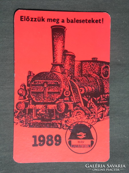 Kártyanaptár, MÁV, vasút, balesetmegelőzés, grafikai rajzos,gőzmozdony, 1989