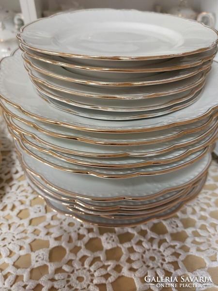 Zsolnay white, pearly, gold-edged, beautiful, rare porcelain tableware, 21 pcs