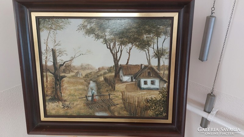 ((K) Lajos Buhodsó painting of farm life with frame 61x51 cm