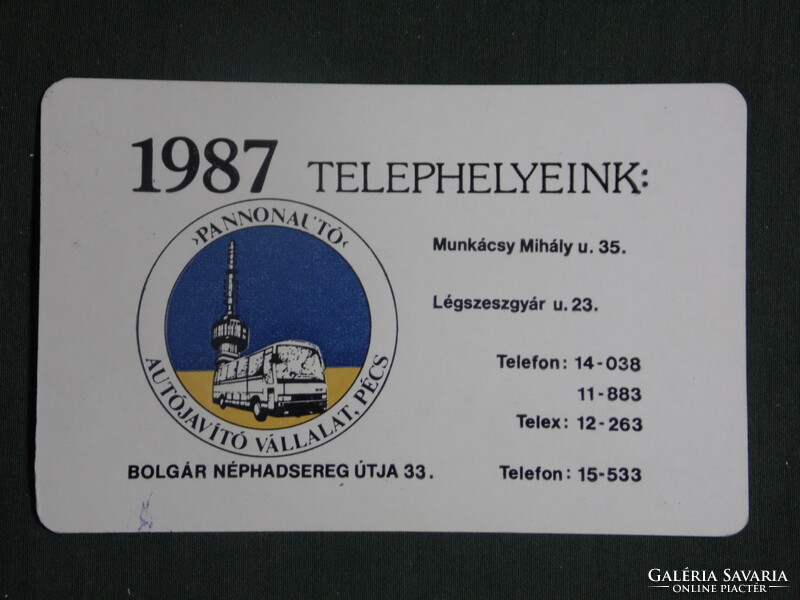 Card Calendar, No. xiv. Pannonauto car repair shop, Pécs, Ikarus 250 bus factory, graphic designer, 1987