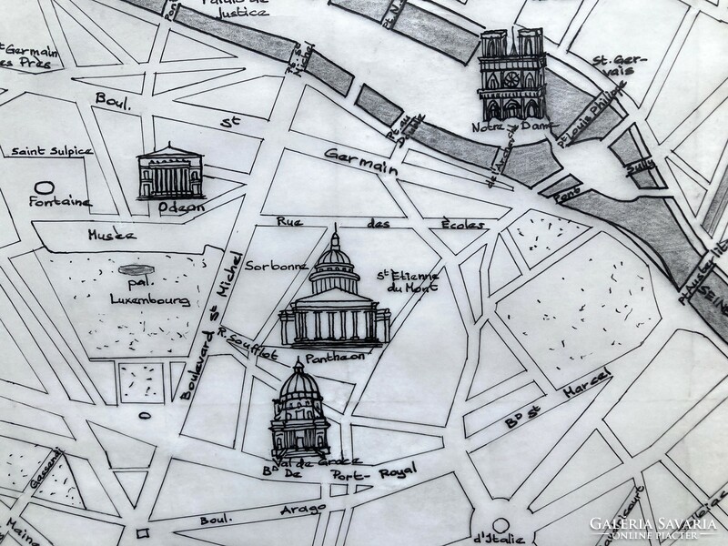 Párizs egyedi  tus grafikával készített várostérképe