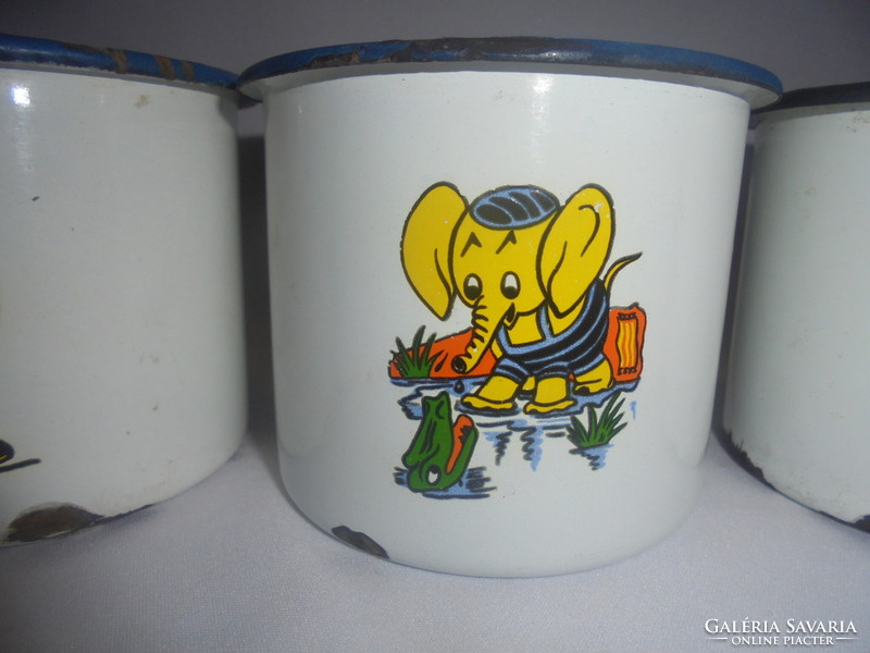 Seven old, retro scene enamel mugs - together