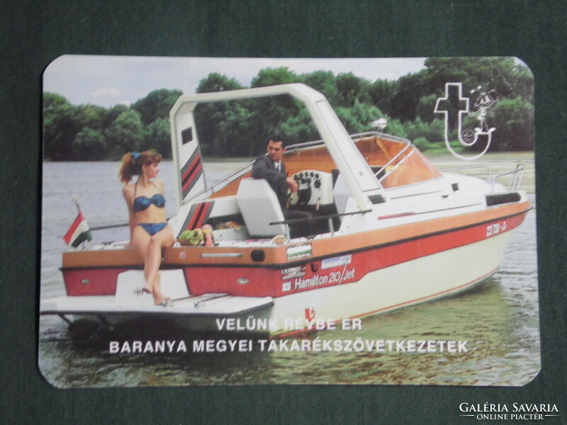 Card calendar, savings association hamilton 210 jet motorboat, erotic female model, 1994