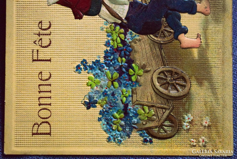 Antique embossed greeting card - happy little boys forget-me-not 4-leaf clover wheelbarrow
