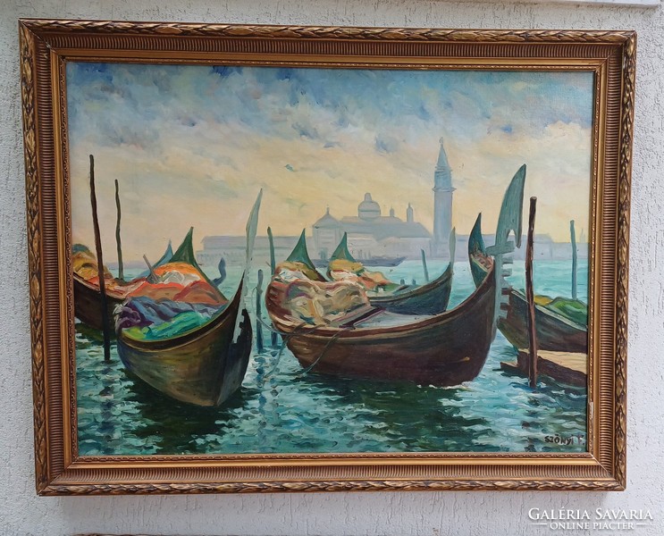 Velence festmèny olaj-vàszon Szent Màrk tèri gondolàk  60 x 80 cm