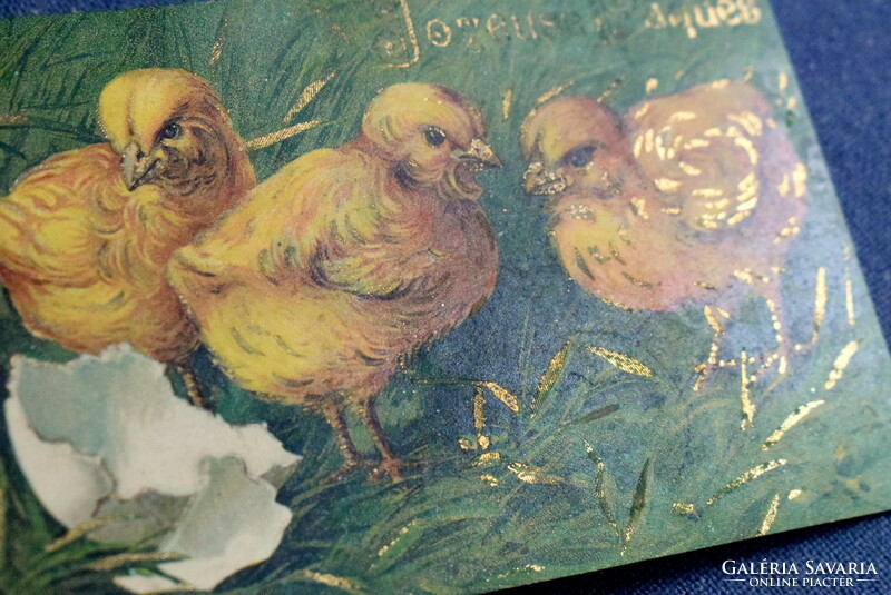 Antique gold pressed Easter greeting card chicks from 1907