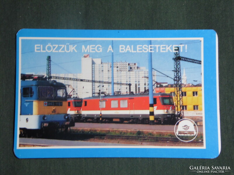 Kártyanaptár, MÁV, vasút, balesetmegelőzés, V43 villanymozdony, vasútállomás, 1990