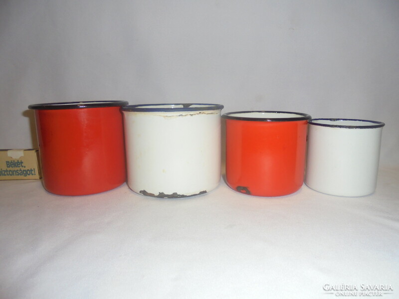 Four old, retro enamel mugs - together - for folk, peasant decoration