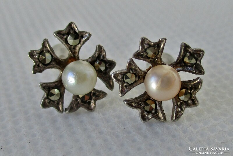 Beautiful handmade silver earrings with genuine pearls and marcasite