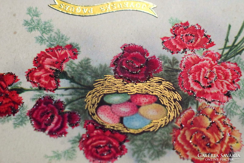 Old Easter greeting card with glitter - golden nest eggs, carnations