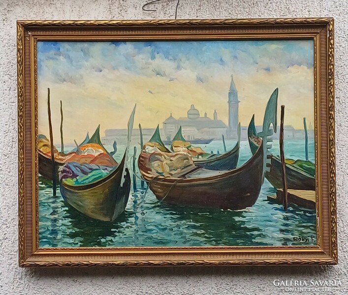 Venetian painting, oil on canvas, Saint Mark's Gondolas, 60 x 80 cm