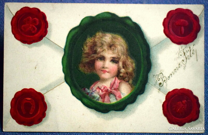 Antique embossed envelope postcard - portrait of a little girl. Seals - clover, mushroom, ladybug, horseshoe