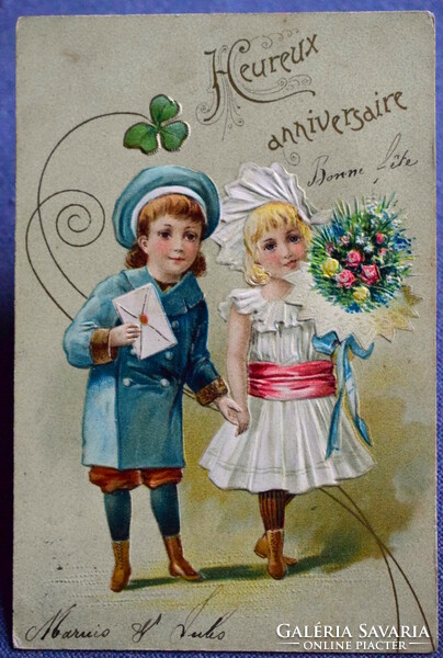 Antique art nouveau embossed greeting card - children, bouquet of flowers, 4-leaf clover from 1904