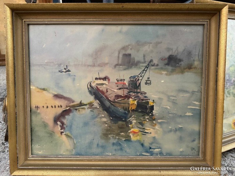 Ship crane during loading - watercolor painting, original, marked!