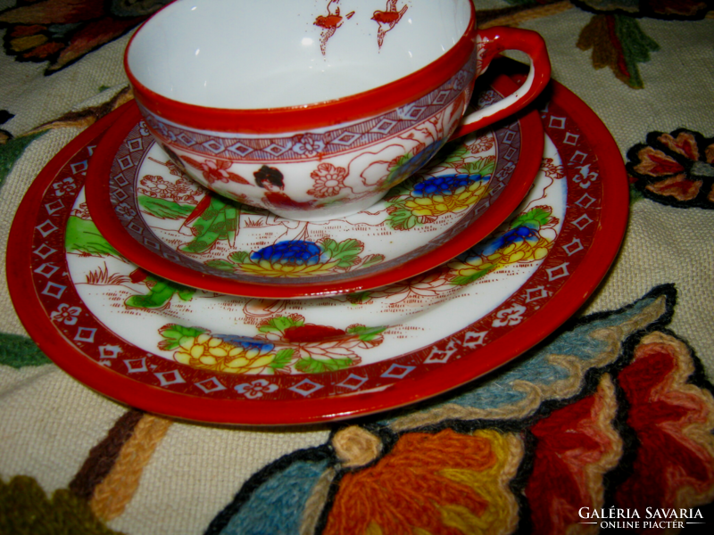 Japanese lithophane breakfast set with iron red rim