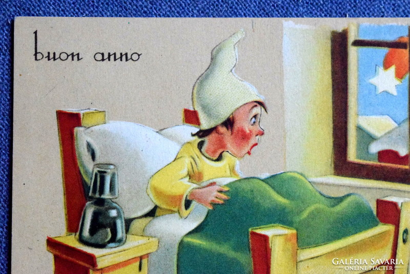 Régi Bonfanti Újévi üdvözlő grafikus  képeslap  1949ből