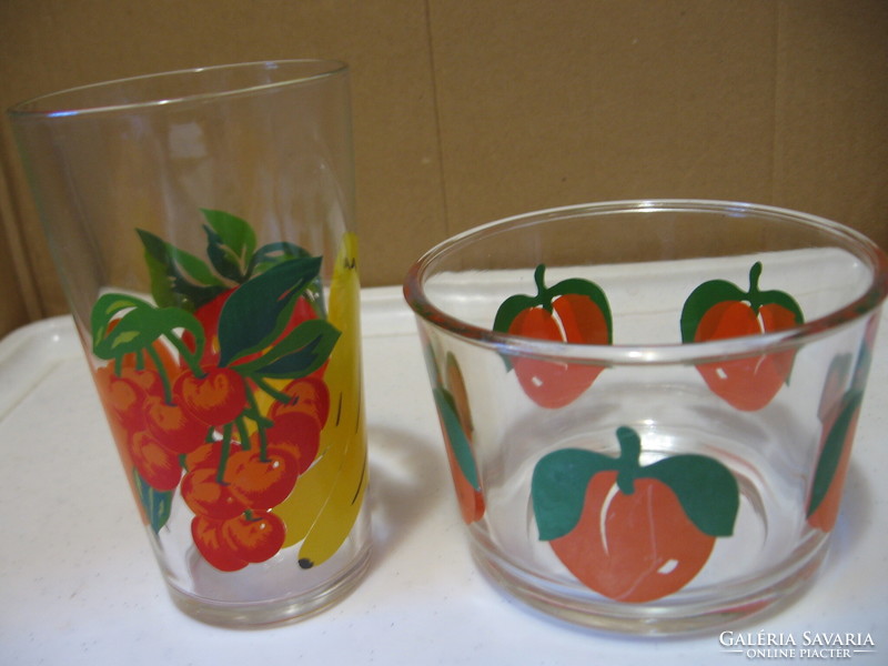 Retro fruit pattern glass and bowl Reims France
