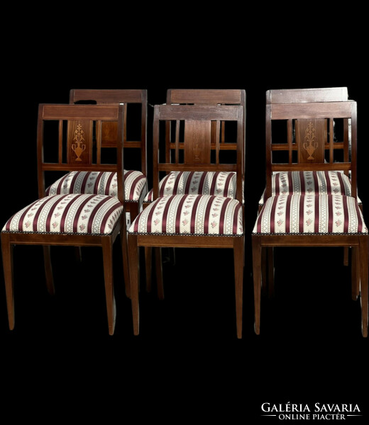 Six antique inlaid upholstered chairs in one
