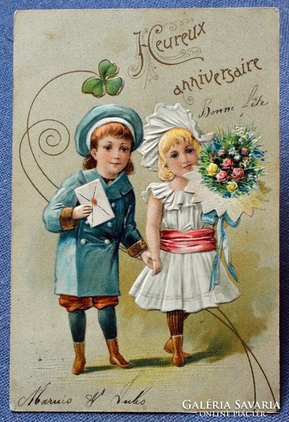Antik szecessziós dombornyomott üdvözlő képeslap - gyerekek , virágcsokor, 4levelű lóhere 1904ből