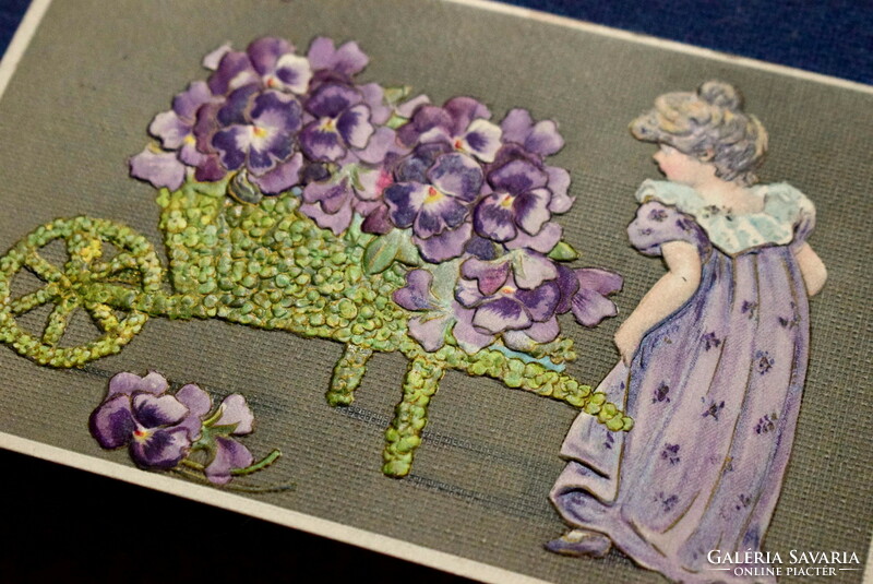 Antique embossed New Year greeting card - little girl 4-leaf clover wheelbarrow pansy from 1907