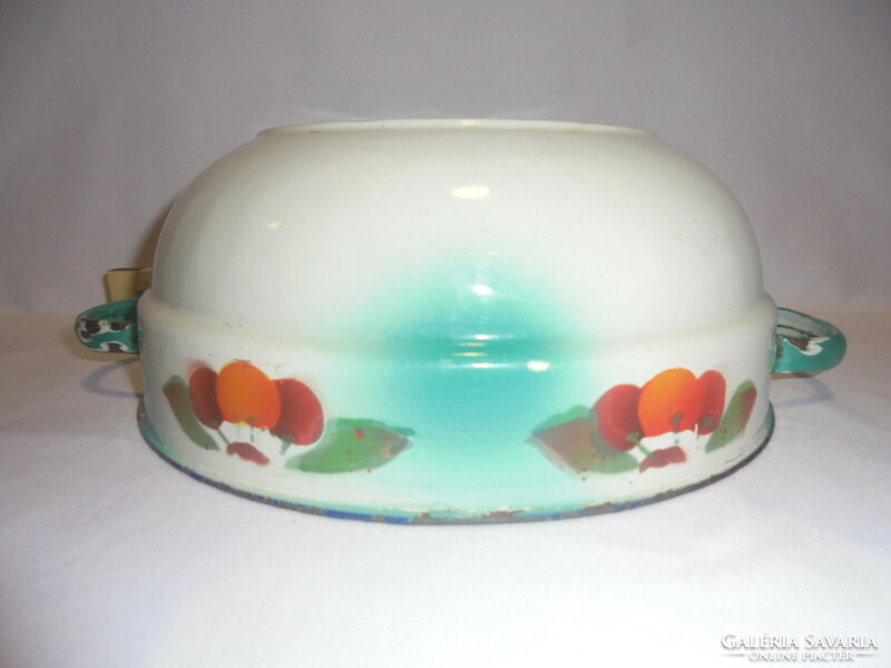 Old, cherry-patterned enamel bowl with a foot - for folk decoration - 